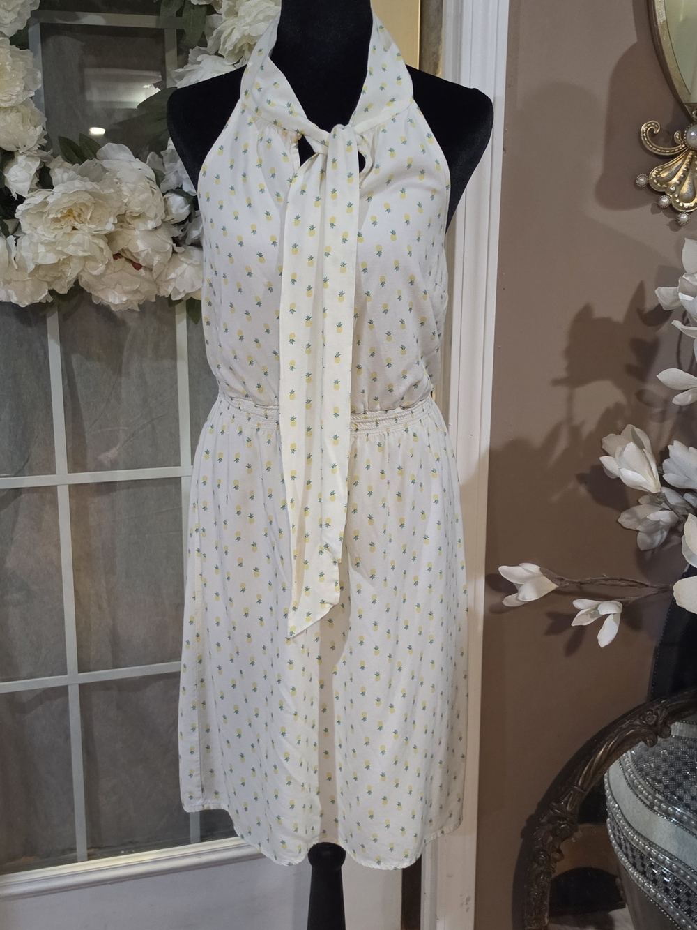 Jessica Simpson Cream Halter Tie-Neck Midi Dress with Yellow Floral Dots